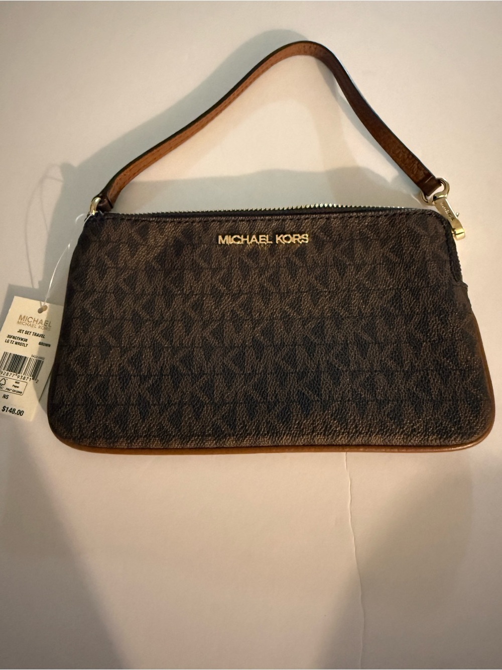 MICHAEL KORS Jet Set Brown Logo Wristlet